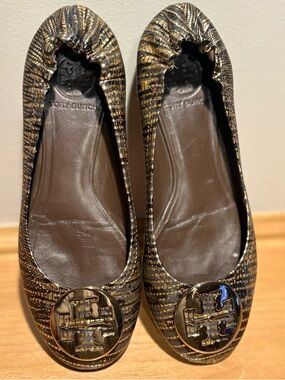 Tory Burch Black and Gold Logo Ballet Flats